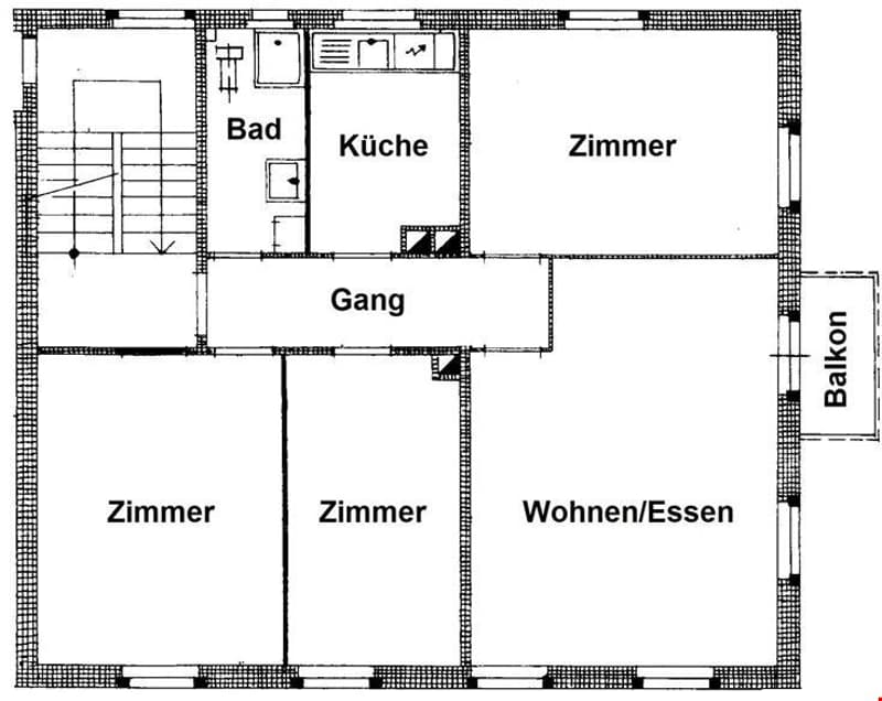 Bathroom, kitchen, 3 bedrooms, hallway, living/dining room, balcony