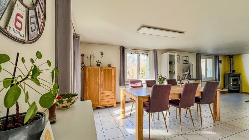 dining table with chairs, wooden cabinet, potted plant, fireplace in corner