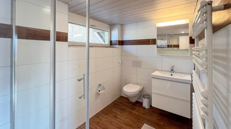 A modern bathroom featuring tiled walls, a glass shower enclosure, a white vanity with sink, a wall-mounted mirror, a white toilet, and a wooden floor.