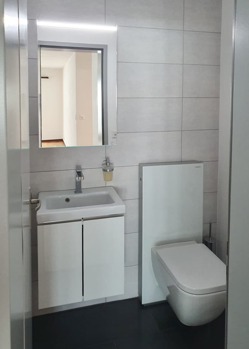 modern bathroom with white tiles, white sink, mirror, toilet, soap dispenser