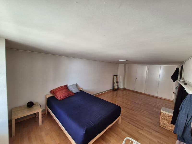 Spacious bedroom with hardwood flooring, white walls, a blue bed with red and gray pillows, a nightstand, and a full-length mirror on the wall.