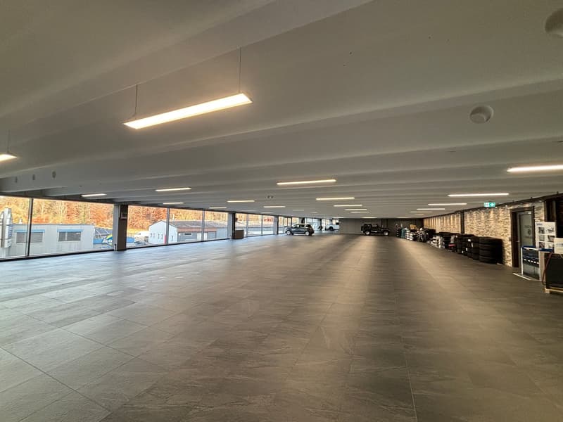 large open space, tiled floor, fluorescent ceiling lights, glass walls, parked cars