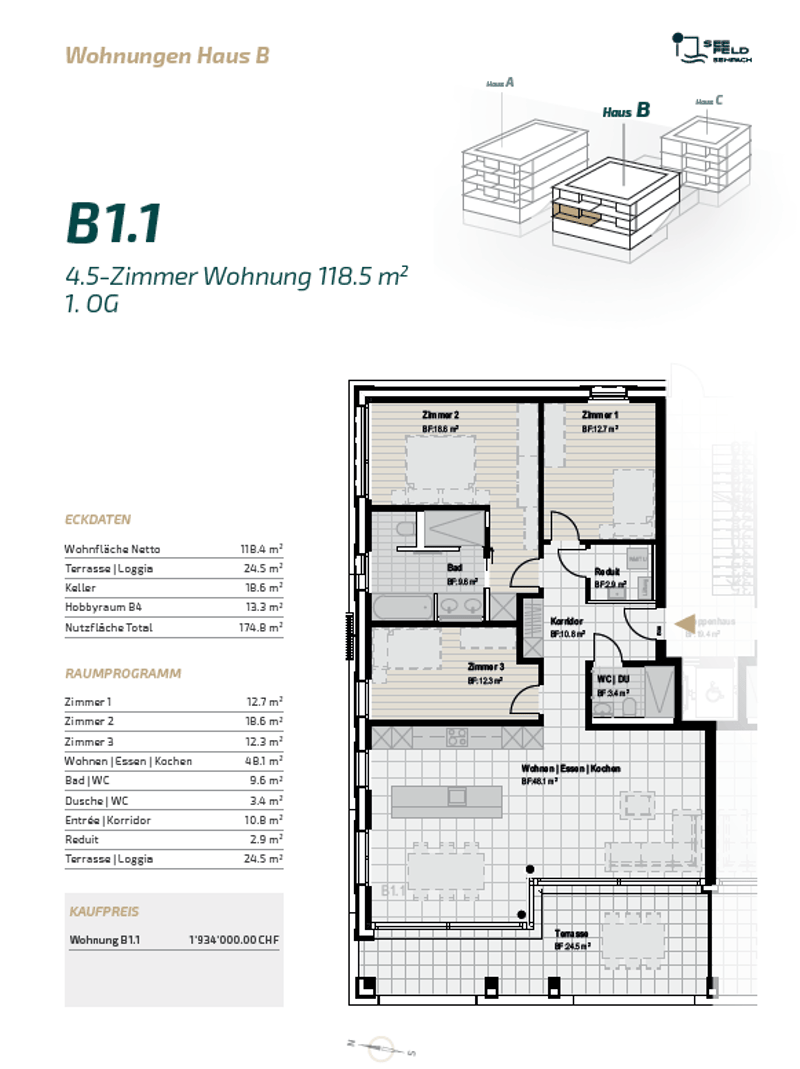 4.5-room apartment, 118.5 m2, 1st floor, living room, kitchen, 3 bedrooms, bathroom, WC, entrance, corridor, shower, terrace, logia, hobby room