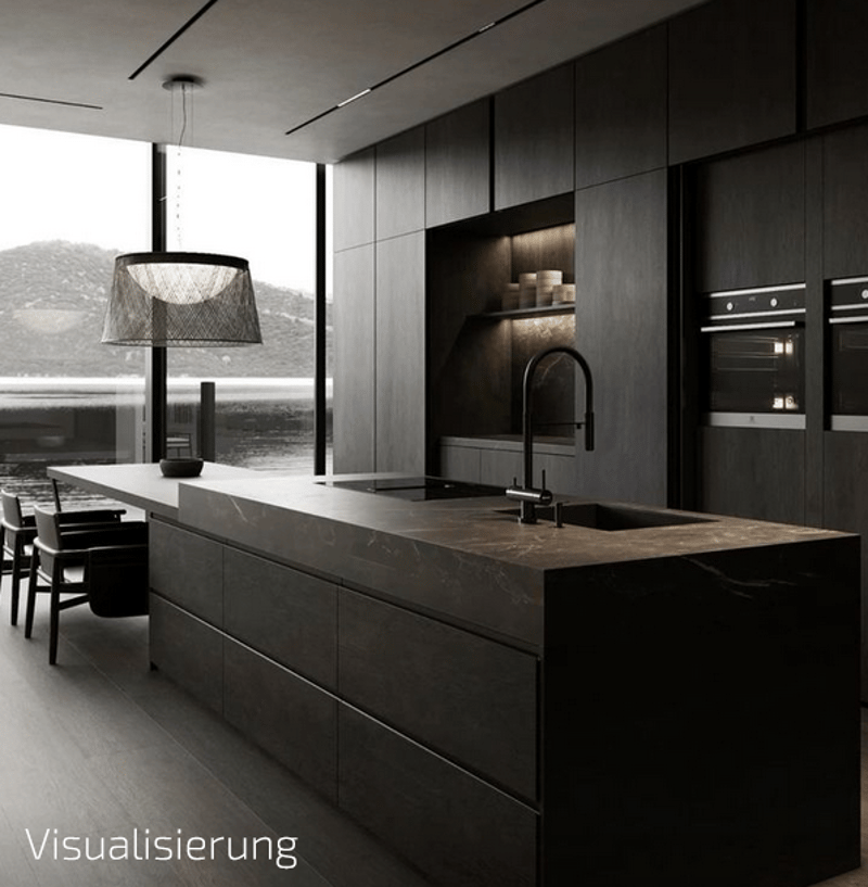 modern kitchen with island, black cabinets, marble countertop, large windows, modern lighting, modern appliances