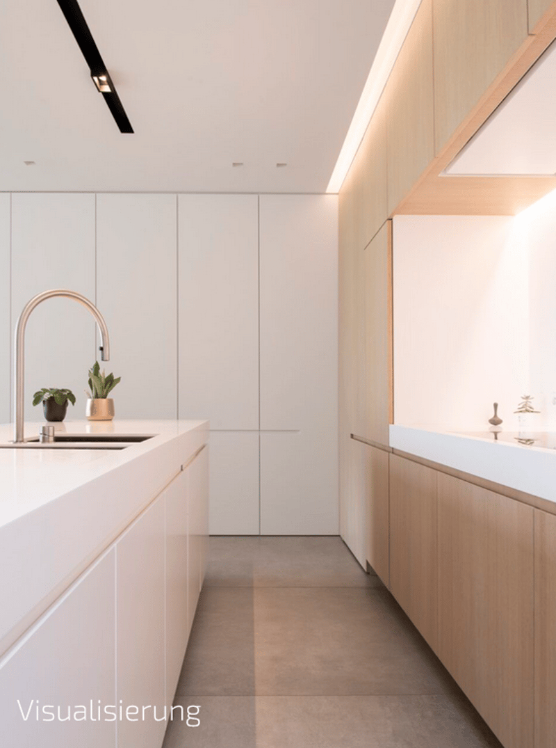 modern kitchen with white cabinets, wooden countertops, stainless steel sink, faucet, potted plants, tiled floor, recessed lighting