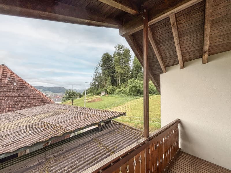 wooden balcony, wooden ceiling, wooden floor, view of a hill and trees