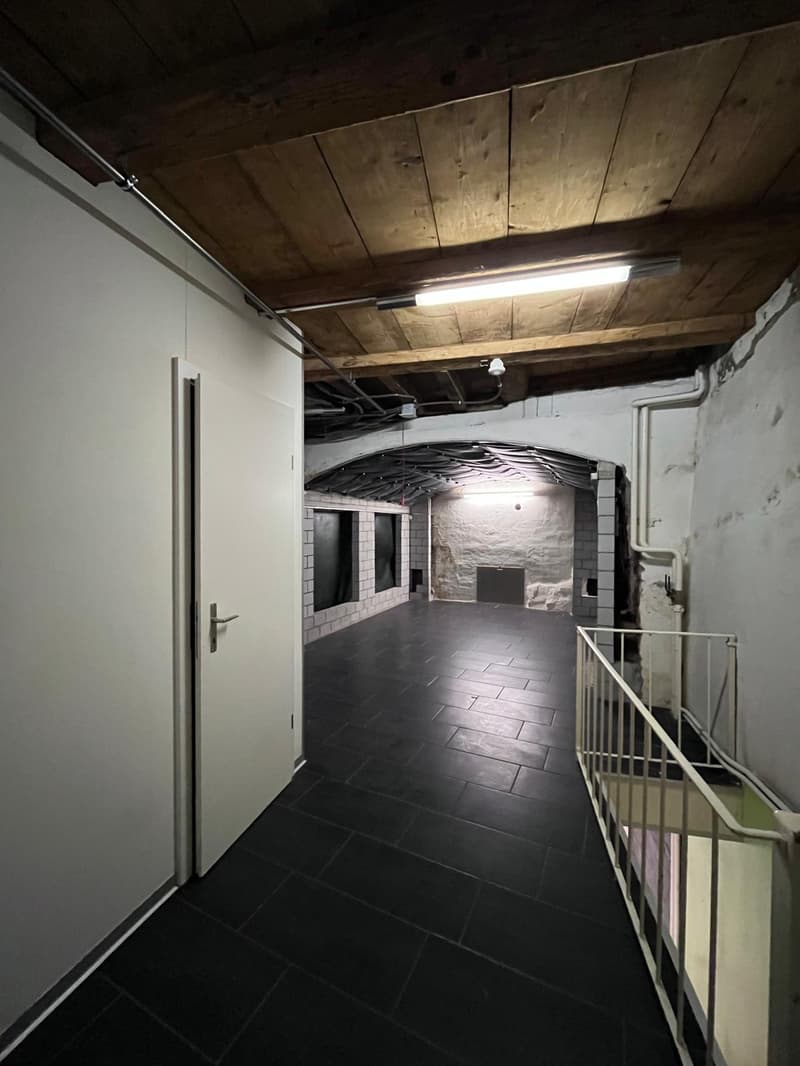 Empty room with white walls, black tiled floor, wooden ceiling, white door, metal railing, and a light on the ceiling.