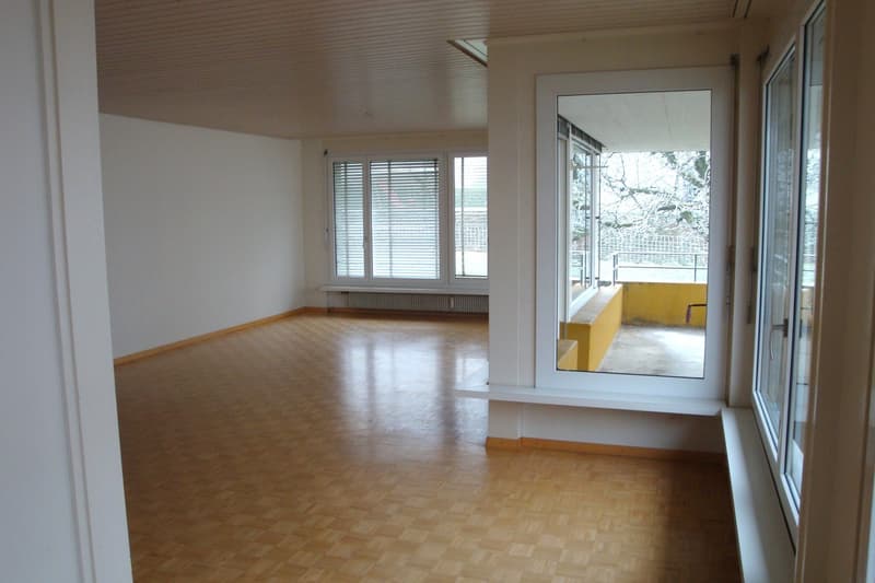 empty room, wooden floor, white walls, large windows, balcony