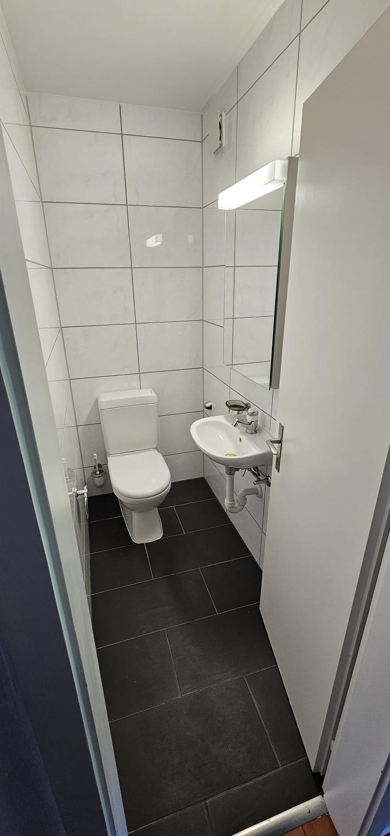 A small bathroom with white walls and black tiles, a white toilet, a white sink with a faucet, and a mirror mounted on the wall.