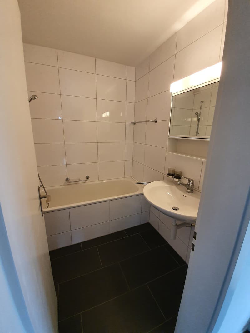 Bathroom with bathtub, sink, mirror, and shower head