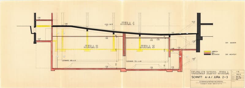 The image shows a floor plan with three sections labeled Jura 1, Jura 2, and Jura 3. The plan includes dimensions and measurements, as well as labels for various architectural elements such as walls, floors, and stairs.