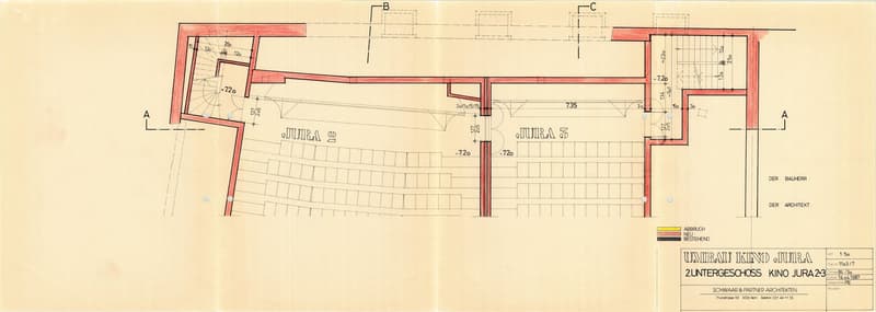 The image shows the floor plan of a building, likely a cinema or theater. It includes a large auditorium space labeled 'Jura 5' and 'Jura 6', with seating areas and stairs. There are also some smaller rooms or spaces labeled on the plan.