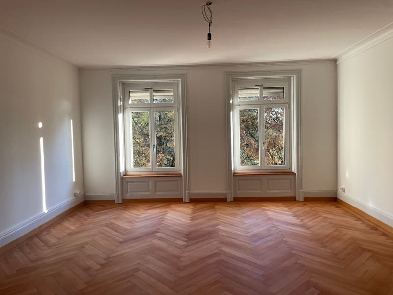 empty room, white walls, wooden floor, two windows, no furniture