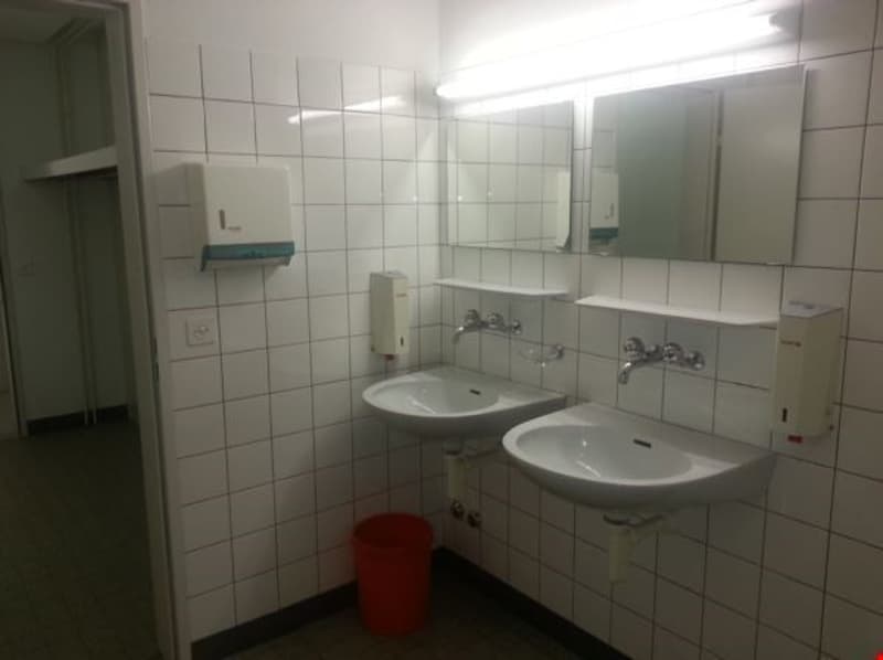 public bathroom with two sinks, mirrors, and red bin