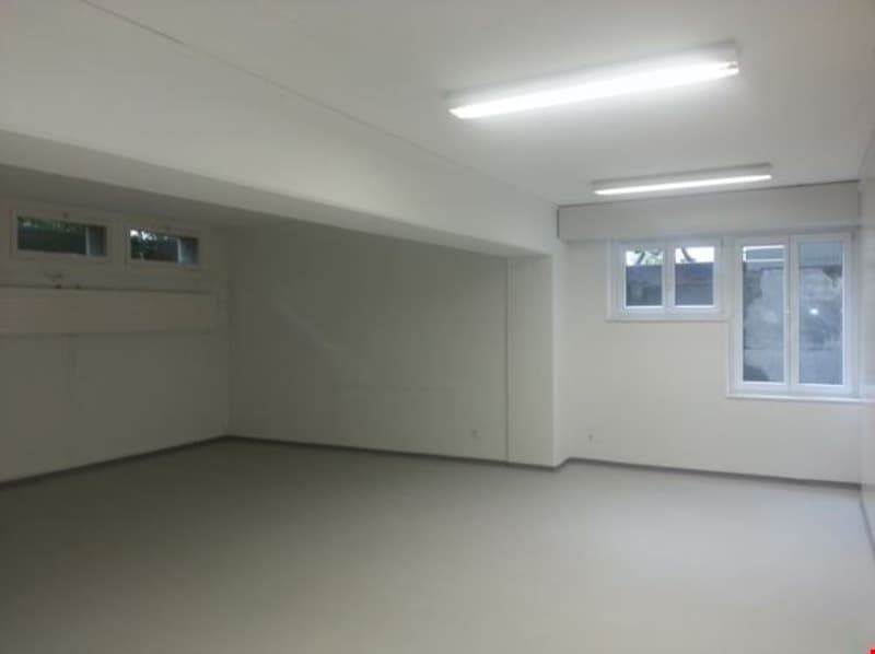 Empty room with white walls and floor, three windows, two small upper windows, fluorescent lighting