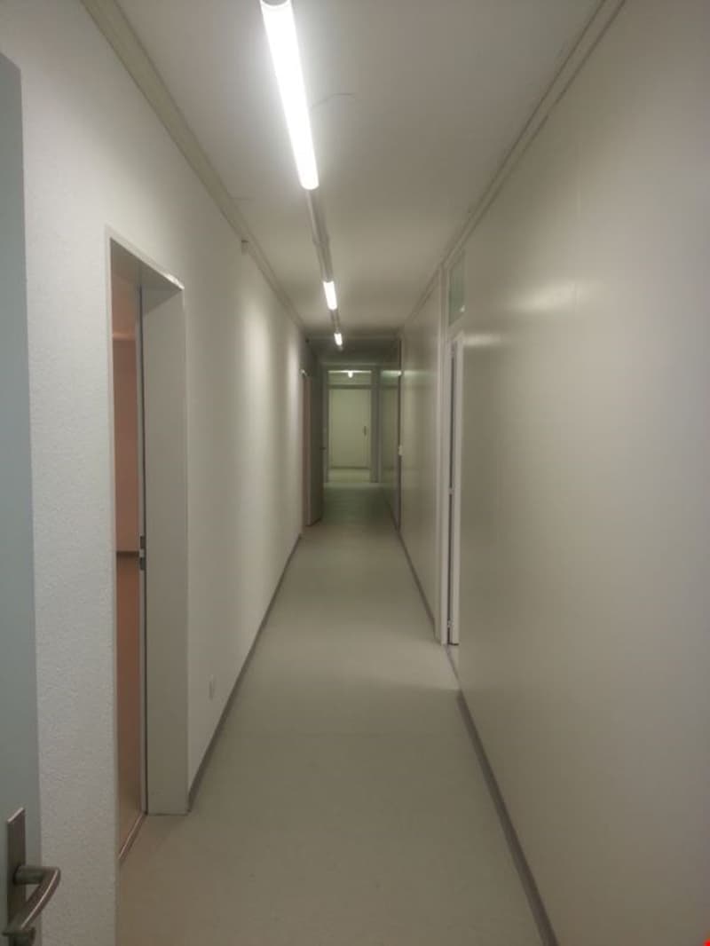 Empty hallway with white walls and ceiling, fluorescent lights, beige floor, two sets of doors.