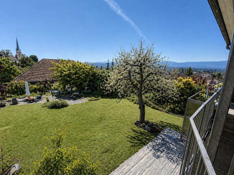 well-maintained garden with a wooden deck, a tree, and a view of the mountains