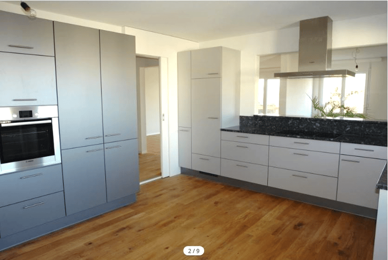 modern kitchen with wooden floor, gray cabinets, black granite countertop, stainless steel oven, extractor hood, dishwasher