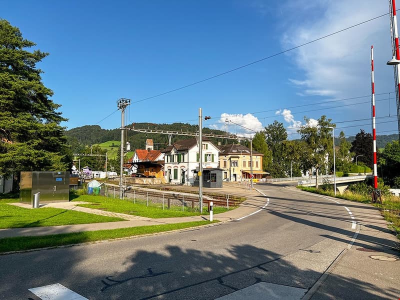 Old train station with residential buildings nearby, railway tracks, electric poles, green trees, grass, mountain in the distance, bridge over the railway, sunny day