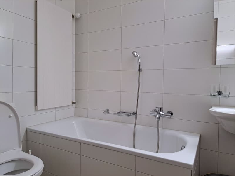 Bathroom with white tiles, bathtub, shower head, toilet, sink, and a mirror
