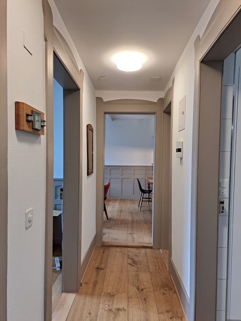wooden floor, white walls, hallway, light on the ceiling, doors on both sides, mirror on the wall