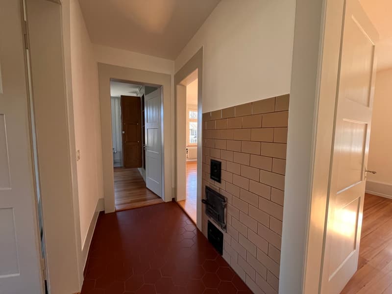 Empty hallway with white walls, red hexagonal tiles, wooden floor, white doors, fireplace