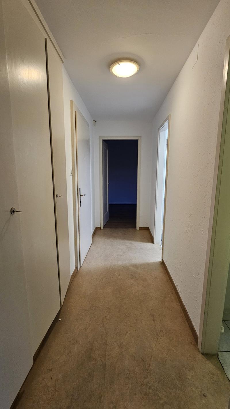 A corridor with three doors, one leading to a room and two to open spaces.