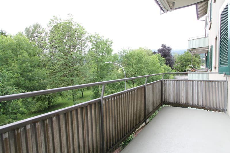 Wooden railings, paved floor, greenery view