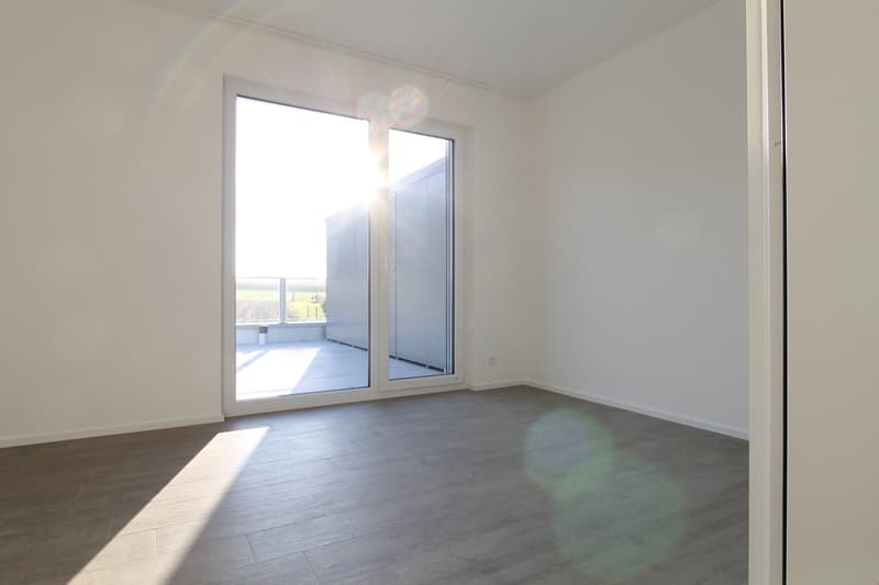 empty room, sliding glass doors, balcony, wooden floor, white walls, bright light