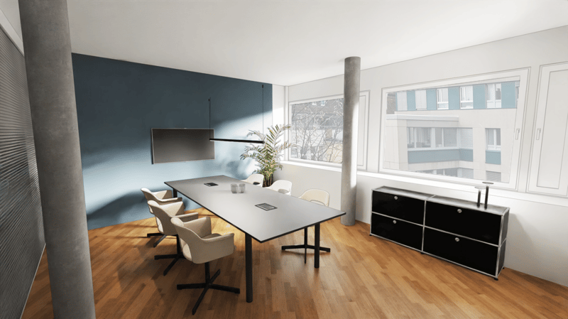 conference room with a long table, chairs, a TV, a plant, and a cabinet