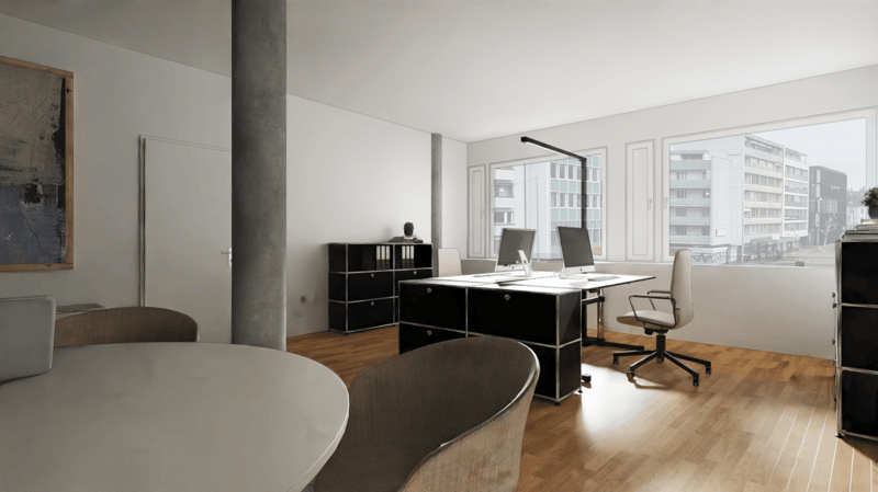 modern office with wooden floor, white walls, large windows, desk, office chairs, computer monitors, shelves, round table