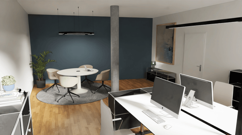 modern office with wooden floor, round table, chairs, desk, computer, keyboard, mouse, monitor, plants, shelves, lamp, pillar