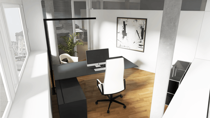 Desk, computer, chair, window, plant, picture frame