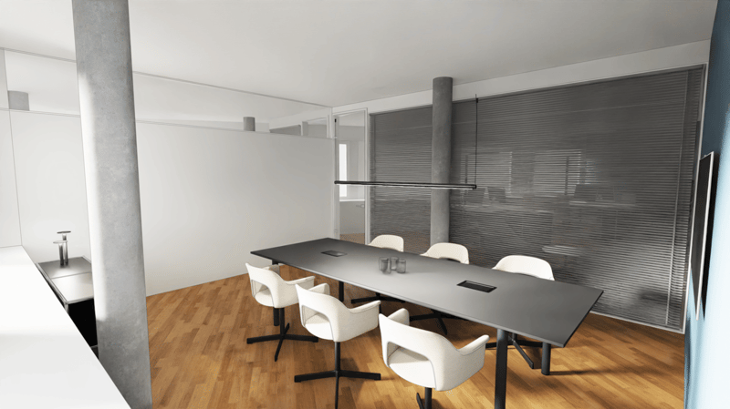 modern office room with a long table, white chairs, wooden floor, gray wall, gray blinds, silver lamp