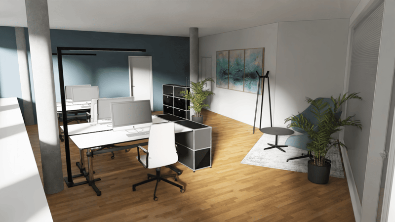 modern office with wooden floor, white walls, blue accent wall, office desks, computer monitors, office chairs, potted plants, artwork, rug, and a small table