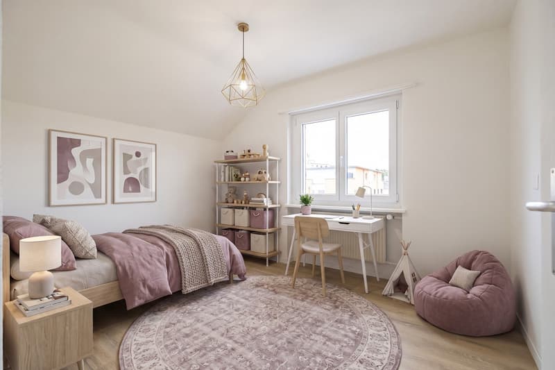 bedroom with bed, desk, chair, lamp, rug, bean bag chair, shelves, window, paintings