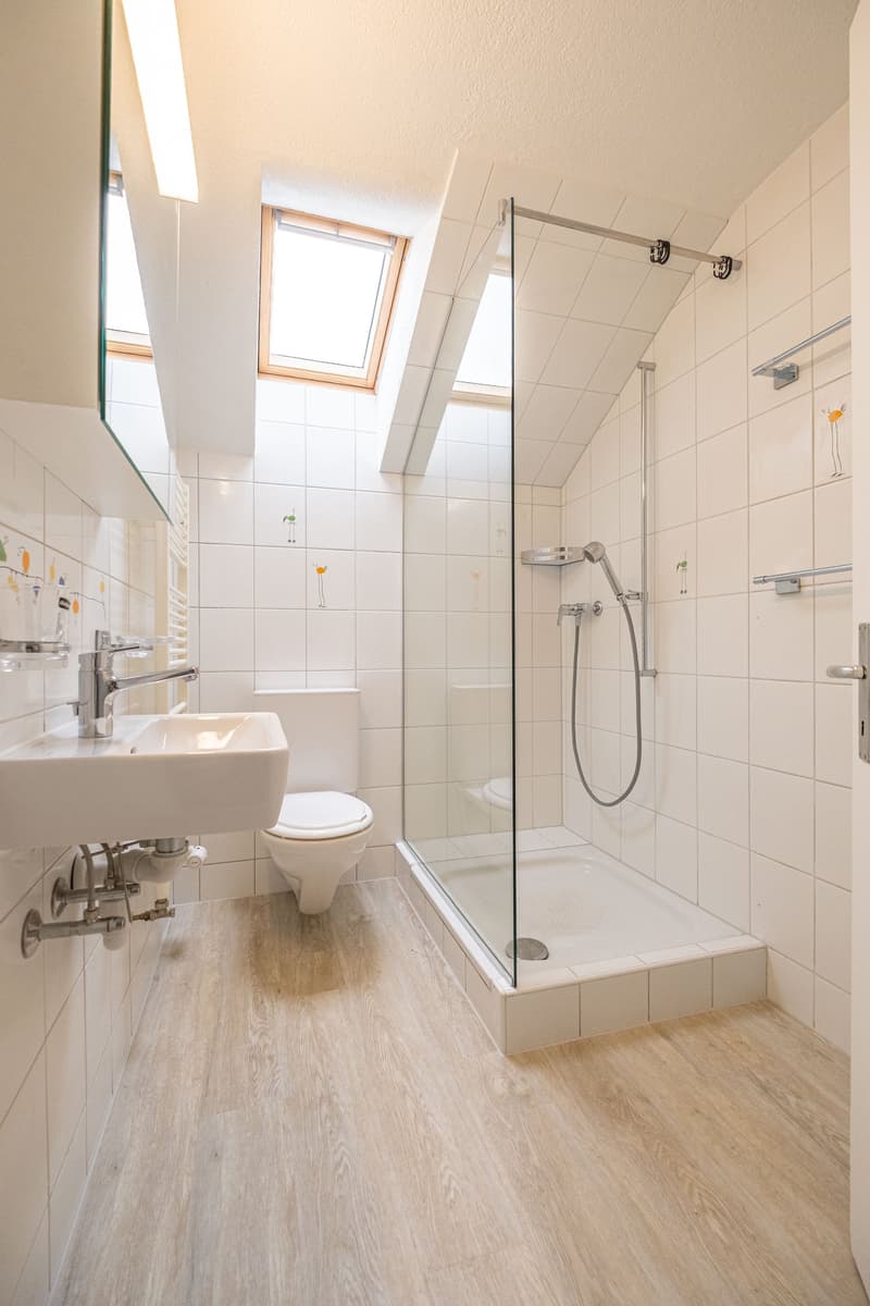 white tiled walls, wooden floor, glass shower enclosure, white sink, white toilet, skylights