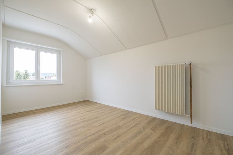 empty room, wooden floor, white walls, window, radiator