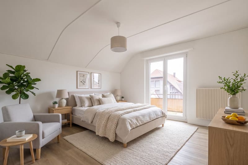 A bedroom with a bed, nightstands, a chair, a radiator, a rug, and a sliding glass door leading to a balcony with a view of the outside.