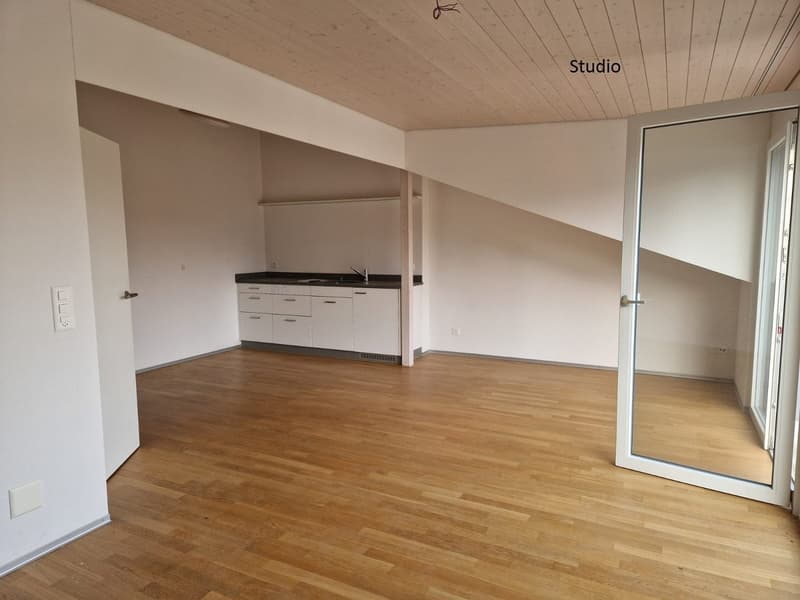 Wooden floor, white walls, open kitchen with white cabinets, sink, faucet, open door