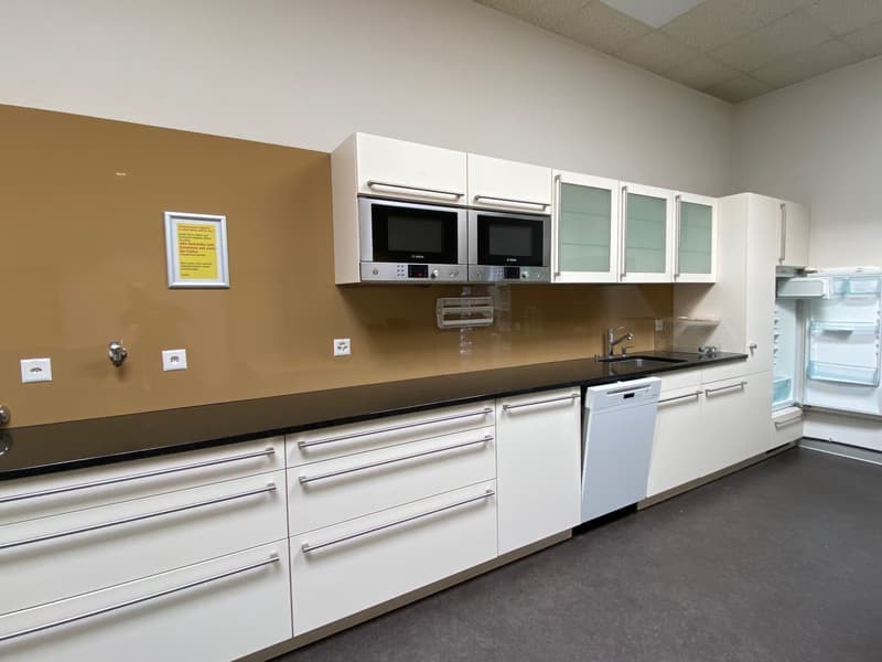 modern kitchen with built-in appliances, stainless steel handles, open cabinetry, microwaves above countertop, dishwasher under countertop, black countertops