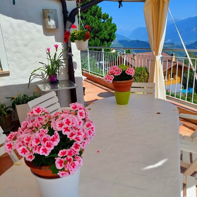 Balcony with white table and chairs, pink flowers, green trees, covered with canopy, mountain view.