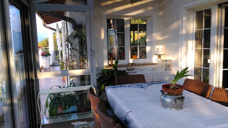 Dining room with large glass doors opening to terrace with plants, outdoor view, wooden chairs, dining table with white tablecloth, lamp, potted plant