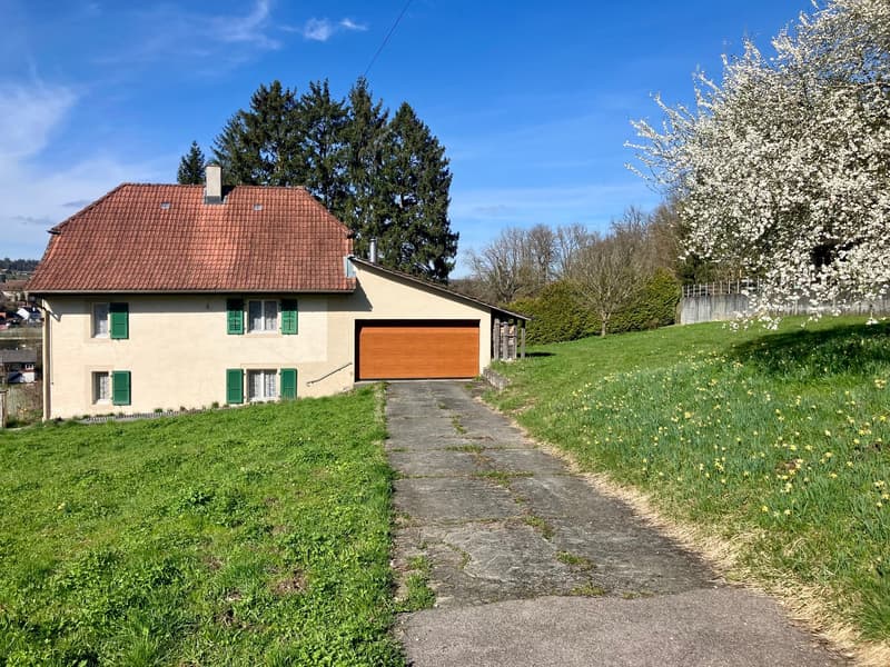 Detached house, red roof, wooden garage, green shutters, driveway, grassy hill