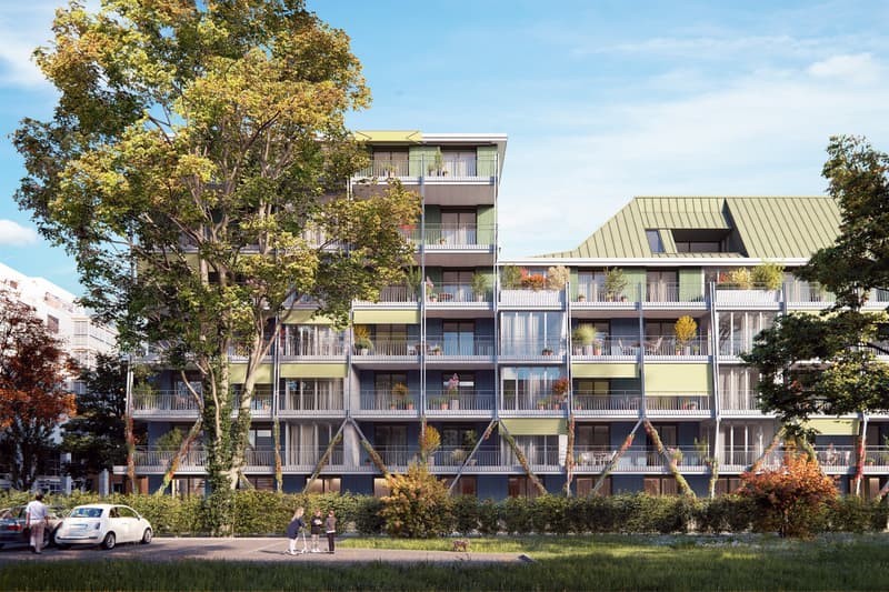 multi-story building, green roof, balconies, glass windows, green walls, plants