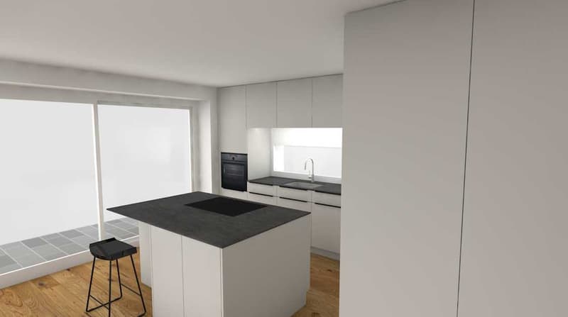 modern kitchen with island, built-in oven, countertops, sink, and two stools