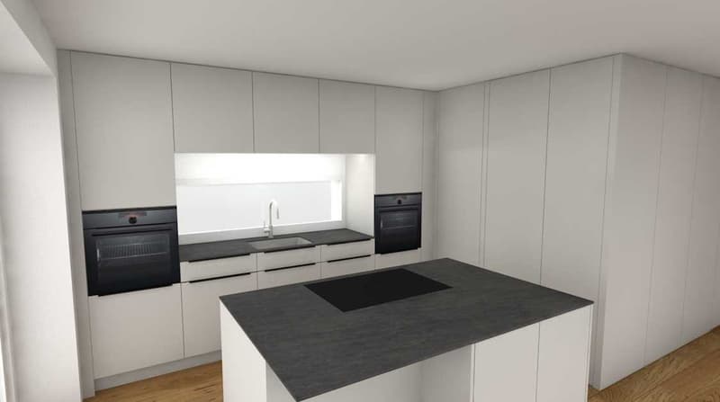 Kitchen with island, double oven, wooden floor, white cabinets, black countertop
