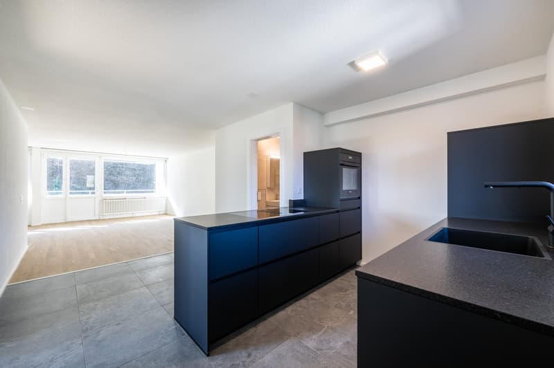 modern kitchen with black cabinets, granite countertops, integrated appliances, and a large window
