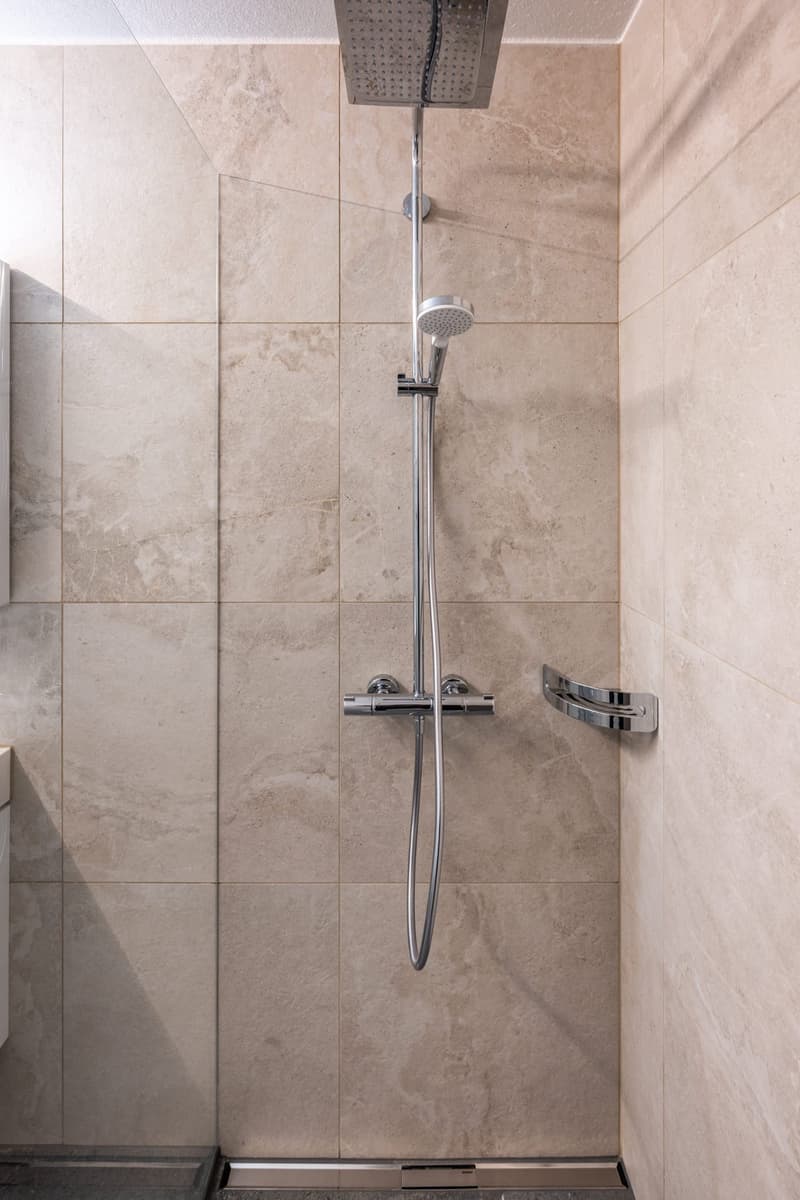 Bathroom with shower, tiled walls, glass door, stainless steel shower head, and handle