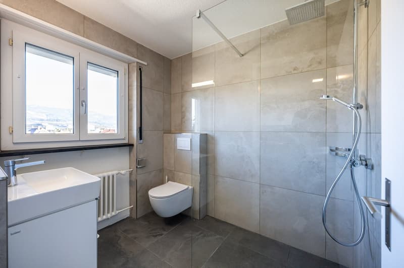 modern bathroom with white tiles, glass shower enclosure, white toilet, white sink, silver faucet, white radiator